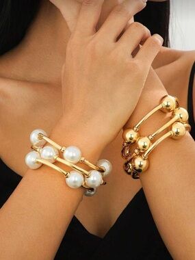 Golden Pearl Cluster Bracelet Set
